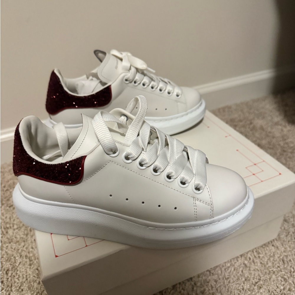 Authentic Alexander McQueen Women's White and Red Glitter Sneakers